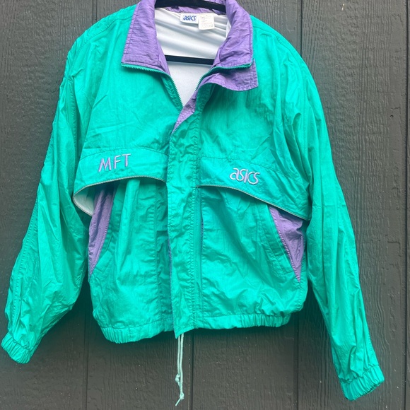💜💚 Vintage ASICS 90s Windbreaker – Teal & Purple – Unisex M - Picture 2 of 8
